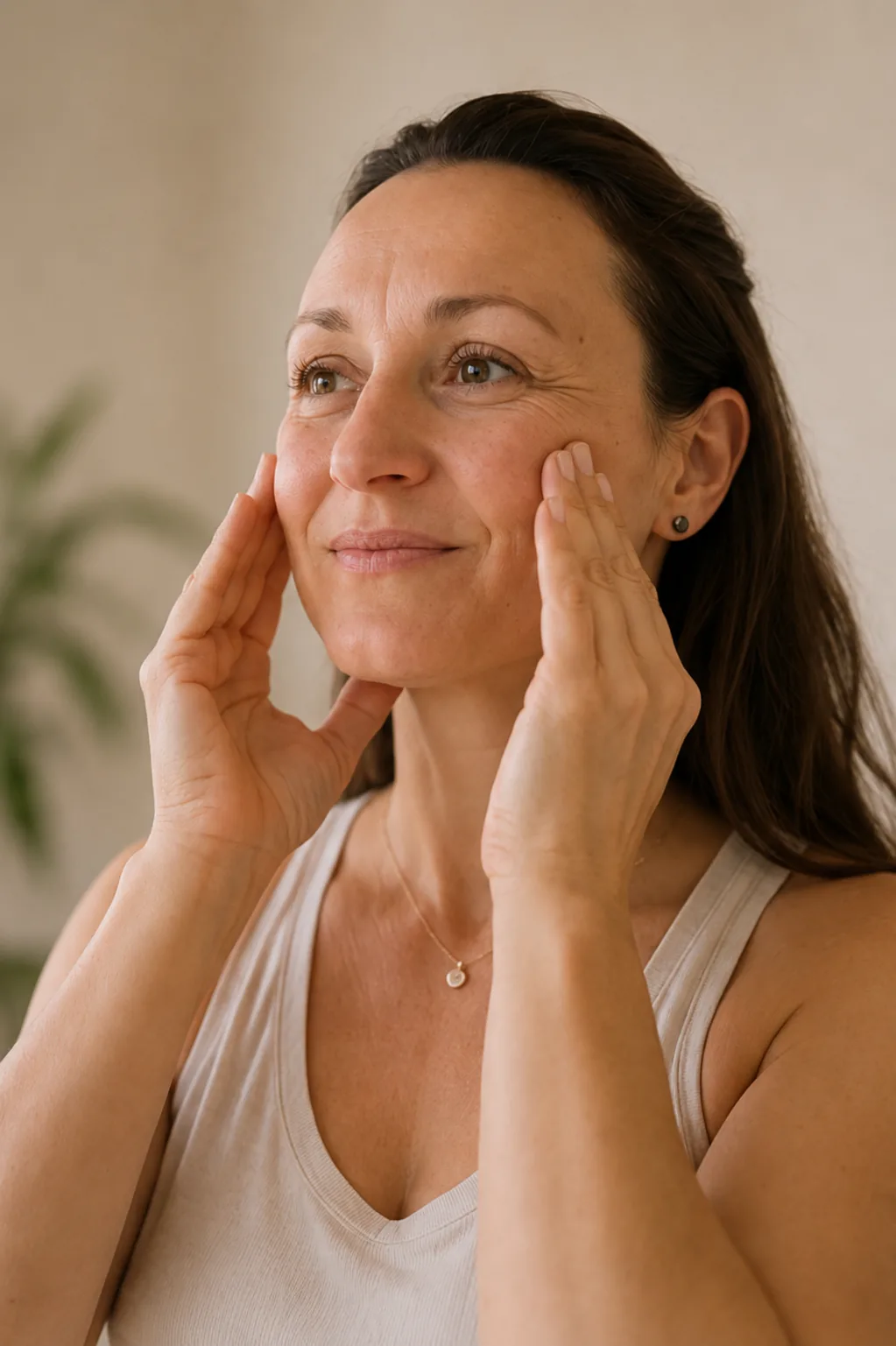 Frau übt Face Yoga, Hände an Wangen und Kiefer